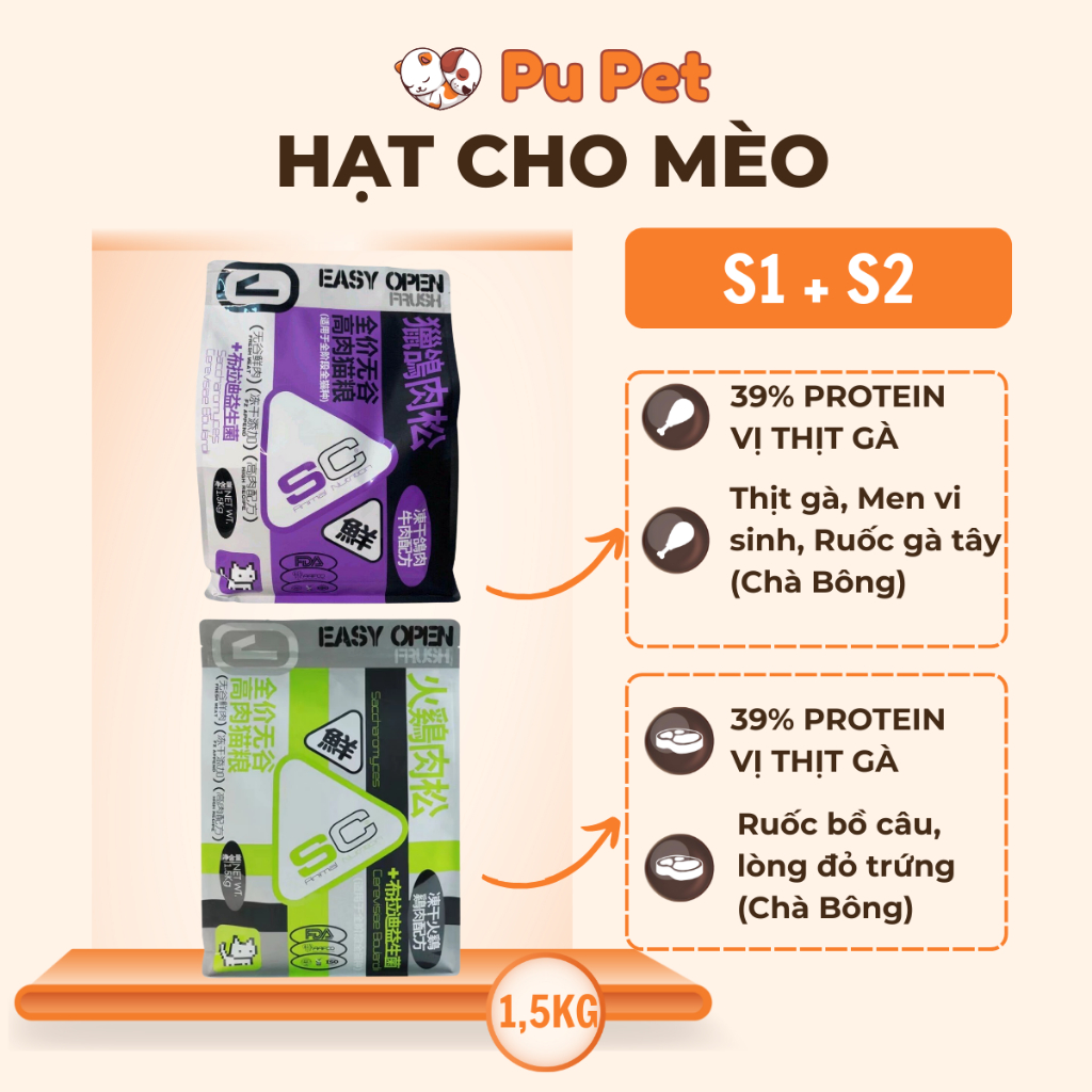 Hạt S1/S2 Cho Mèo 39% Protein Hạt Không Độn Ngũ Cốc, Dinh Dưỡng Cao Hạt Cho Mèo Con & Mèo Lớn 1,5Kg