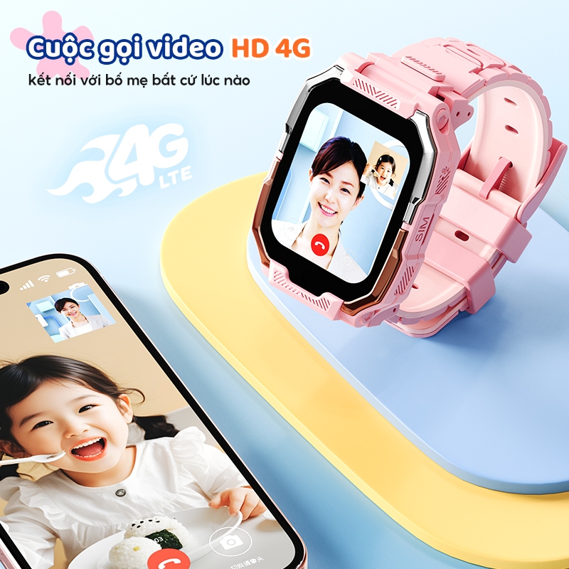 Kiumo【Tiếng Việt】Đồng Hồ Thông Minh Trẻ Em 4G LTE GPS LBS Chống Nước Màn Hình Cảm Ứng IPS HD Camera Kép
