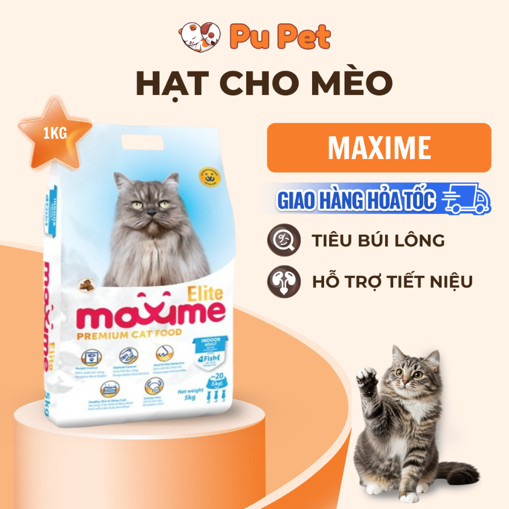 Hạt Cho Mèo Maxime Elite Indoor Fish Gói 1KG Dòng Hỗ Trợ Tiết Niệu, Tiêu Búi Lông