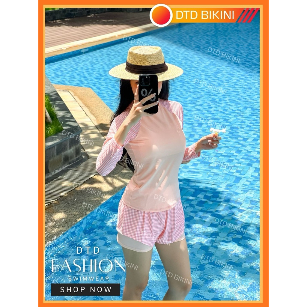 Đồ Bơi Nữ Tay Dài Đi Biển DTD BIKINI – Họa Tiết Màu Tươi Trẻ, Không Lộ, Dễ Mix