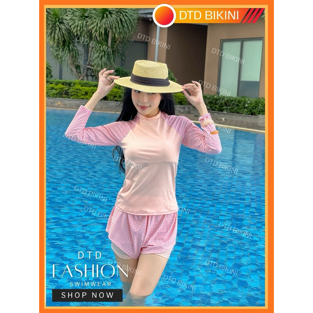 Đồ Bơi Nữ Tay Dài Đi Biển DTD BIKINI – Họa Tiết Màu Tươi Trẻ, Không Lộ, Dễ Mix