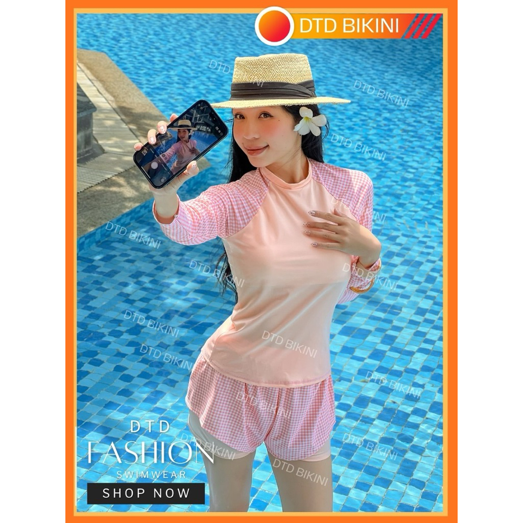 Đồ Bơi Nữ Tay Dài Đi Biển DTD BIKINI – Họa Tiết Màu Tươi Trẻ, Không Lộ, Dễ Mix