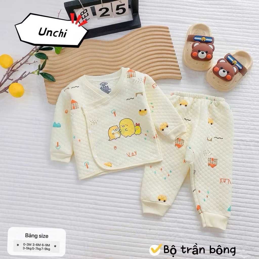(SET 1-3) Bộ dài tay trần bông in hoạ tiết Unchi chất liệu trần bông mềm mịn ấm áp giữ nhiệt cho bé từ 3-9kg
