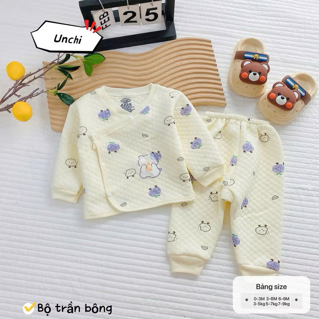 (SET 1-3) Bộ dài tay trần bông in hoạ tiết Unchi chất liệu trần bông mềm mịn ấm áp giữ nhiệt cho bé từ 3-9kg