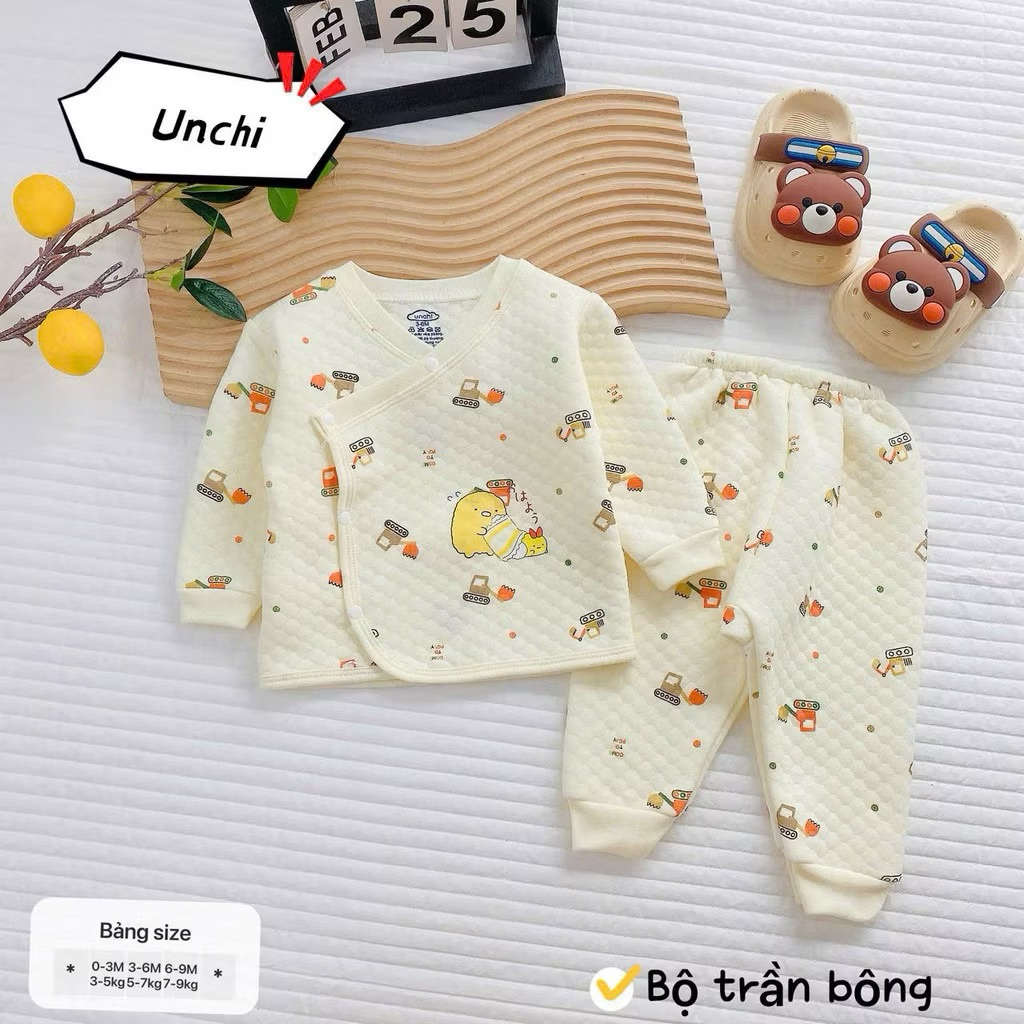 (SET 1-3) Bộ dài tay trần bông in hoạ tiết Unchi chất liệu trần bông mềm mịn ấm áp giữ nhiệt cho bé từ 3-9kg