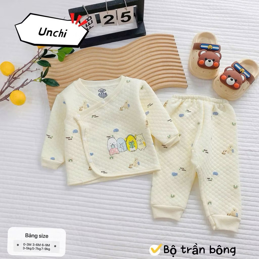 (SET 1-3) Bộ dài tay trần bông in hoạ tiết Unchi chất liệu trần bông mềm mịn ấm áp giữ nhiệt cho bé từ 3-9kg