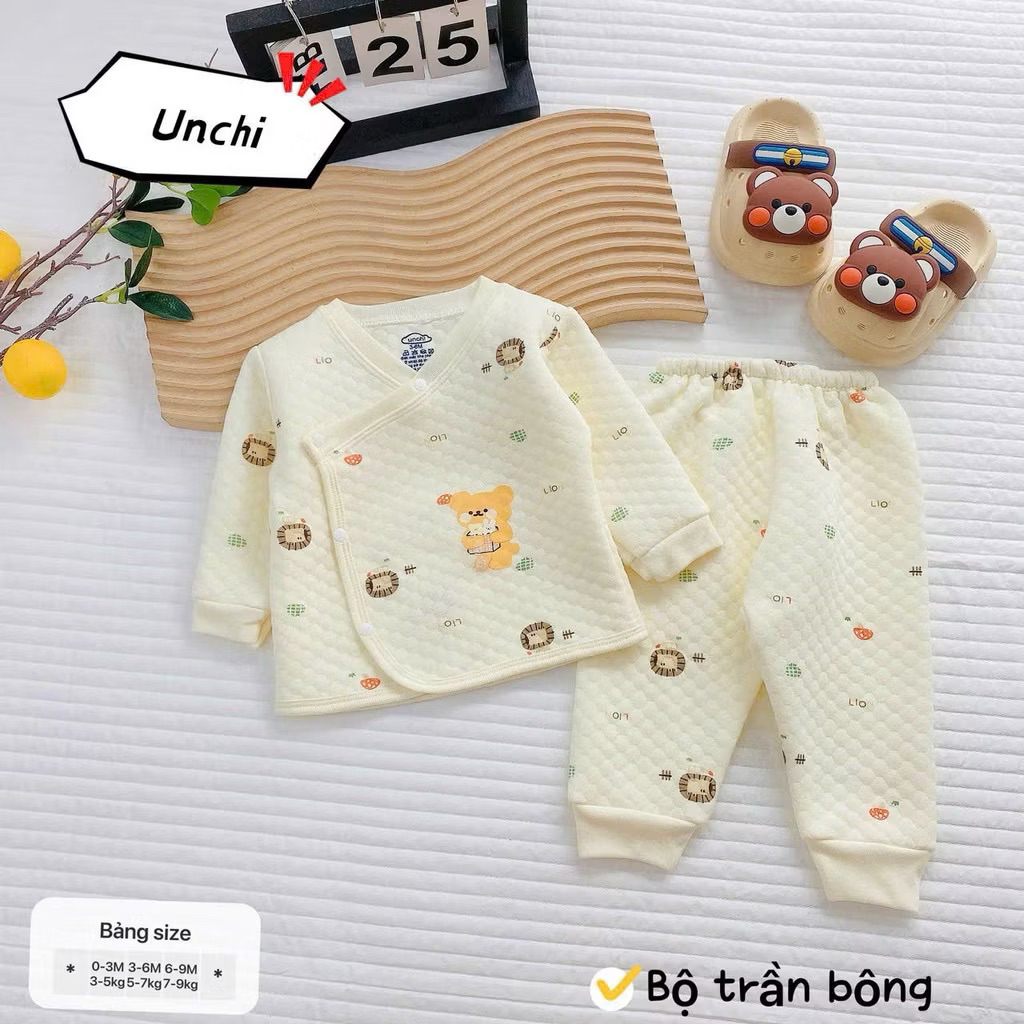 (SET 1-3) Bộ dài tay trần bông in hoạ tiết Unchi chất liệu trần bông mềm mịn ấm áp giữ nhiệt cho bé từ 3-9kg