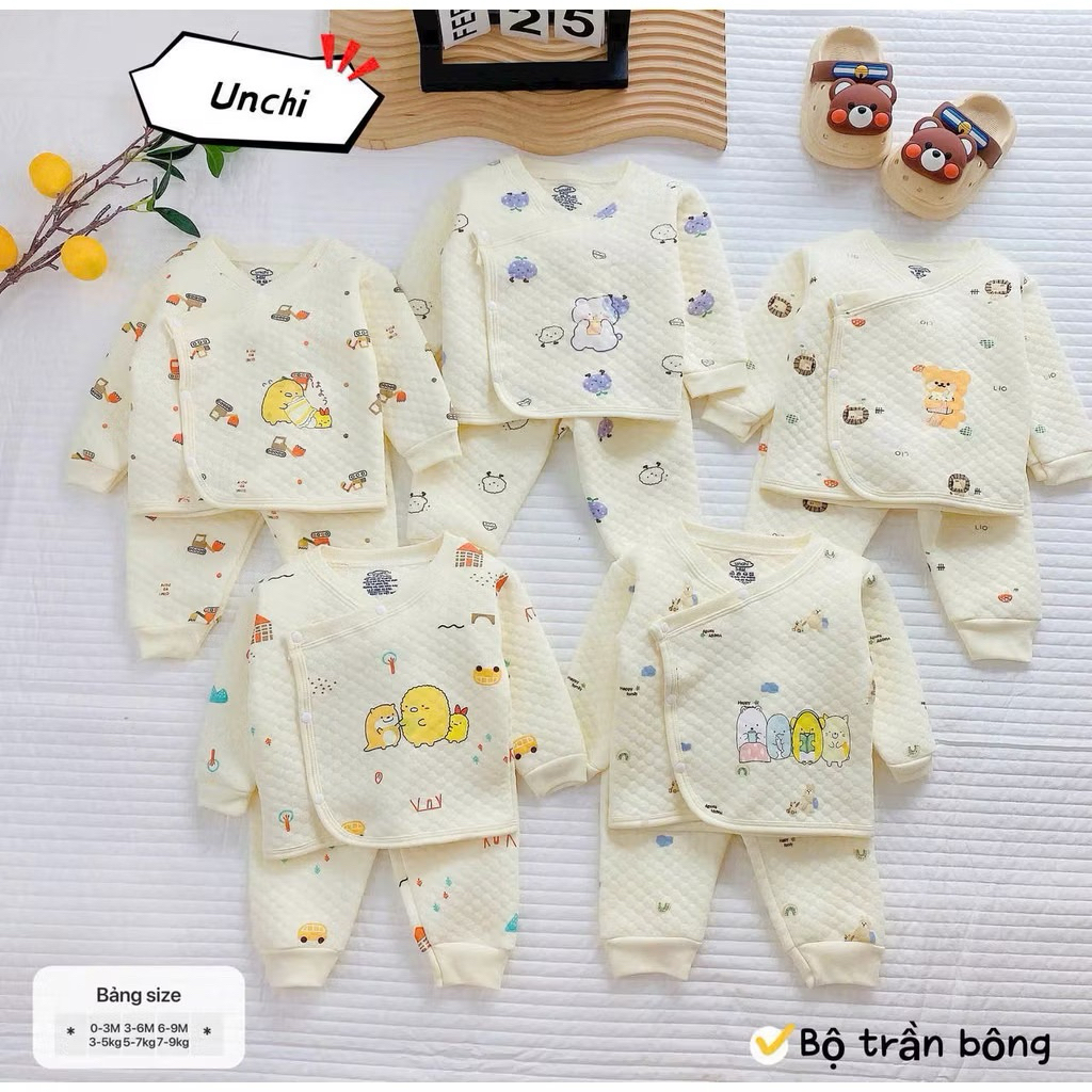 (SET 1-3) Bộ dài tay trần bông in hoạ tiết Unchi chất liệu trần bông mềm mịn ấm áp giữ nhiệt cho bé từ 3-9kg