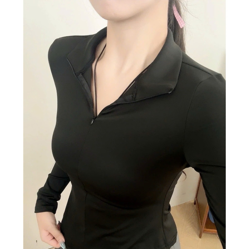 Áo thể thao dài tay nữ cổ khoá zip, chiết eo tôn dáng phù hợp tập gym, yoga, pilates, pickleball