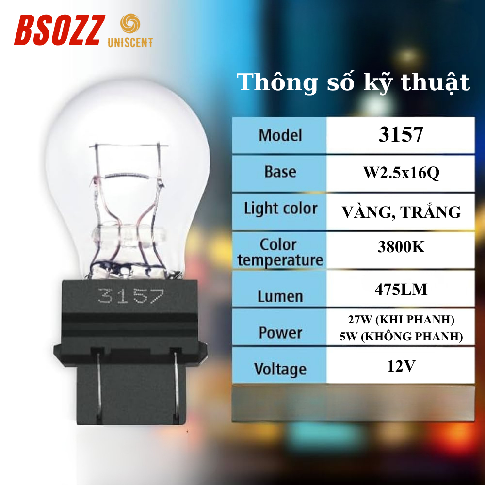 Bóng Đèn Hậu 3157/ Đèn Phanh Đui Cắm 3157 (P27/7W)-(W2.5x16q) 2 Tóc 12V-27/5W-BSOZZ-MADE IN THAILAND