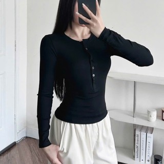 Áo Thun Tay Dài Nút Gài Trơn Basic Dáng Dài Ôm Body, Áo Kiểu Thun Nữ Tay Dài Kiểu Đơn Giản TD10 RUSY