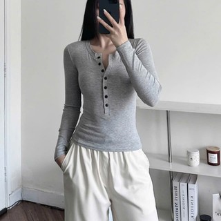 Áo Thun Tay Dài Nút Gài Trơn Basic Dáng Dài Ôm Body, Áo Kiểu Thun Nữ Tay Dài Kiểu Đơn Giản TD10 RUSY