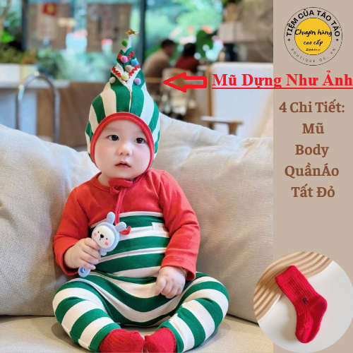 (SẴN SHIP- TẶNG TẤT)  Set Body Tết kèm yếm Lân, mũ đỏ chóp và tặng tất cho bé 4-14kg mũ chóp cho bé mặc Tết đi chơi