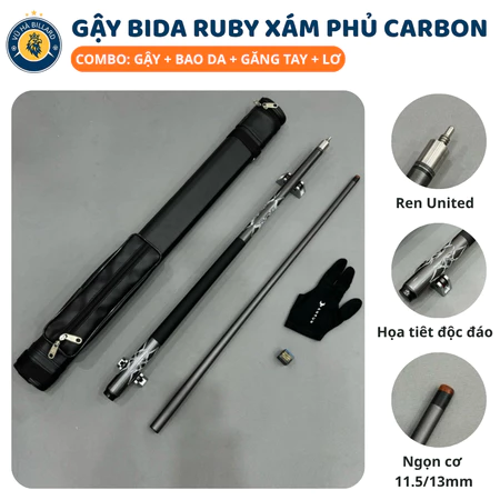 Cơ Bida Lỗ/Líp Ruby Xám Phủ Carbon Cao Cấp - Cơ Bida Đầu Cơ 13mm 11.5mmn
