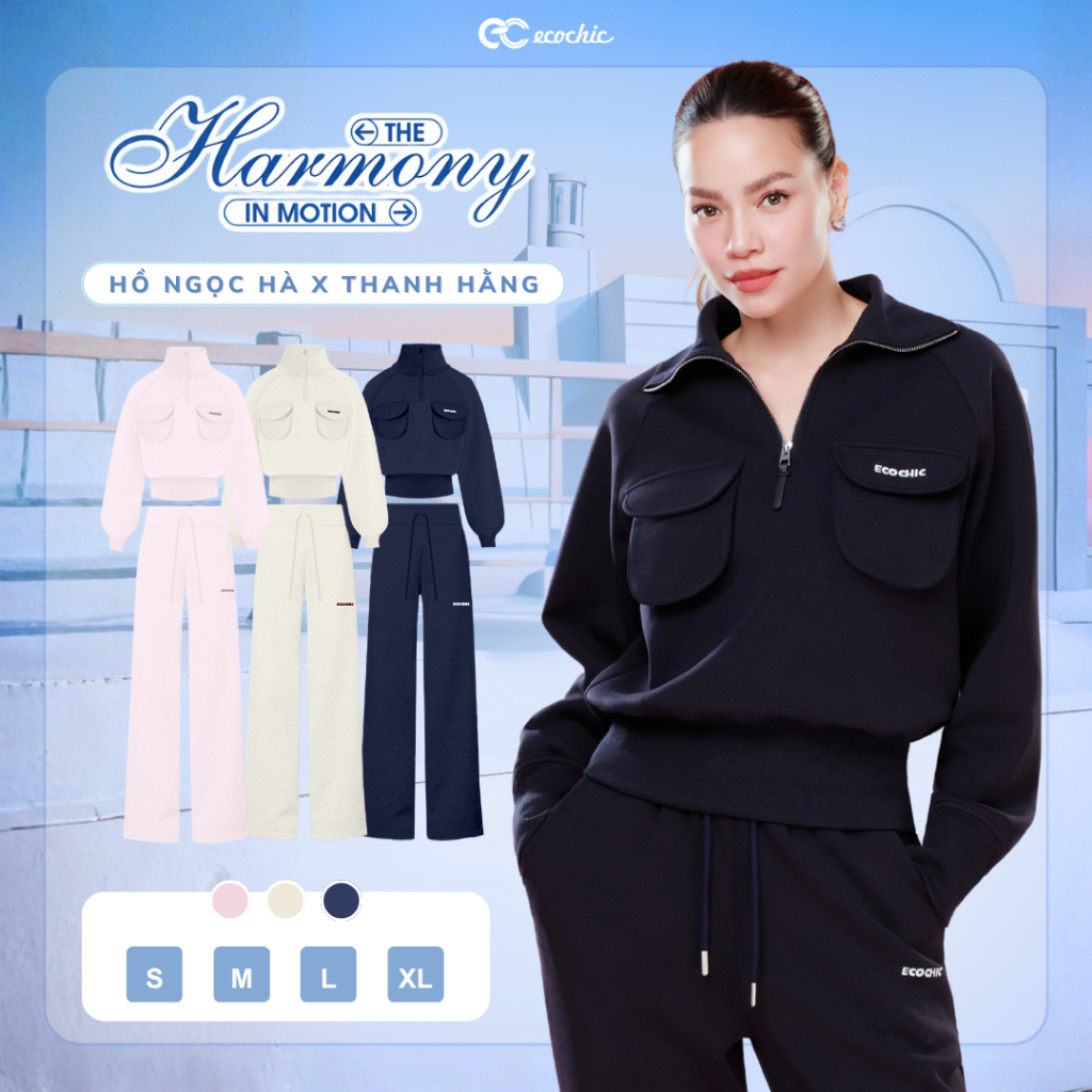 Set Bộ ECOCHIC Nỉ Mịn Áo Crop Cổ Khoá Halfzip Túi Hộp Quần Suông Dài Basic Cao Cấp Chính Hãng B201