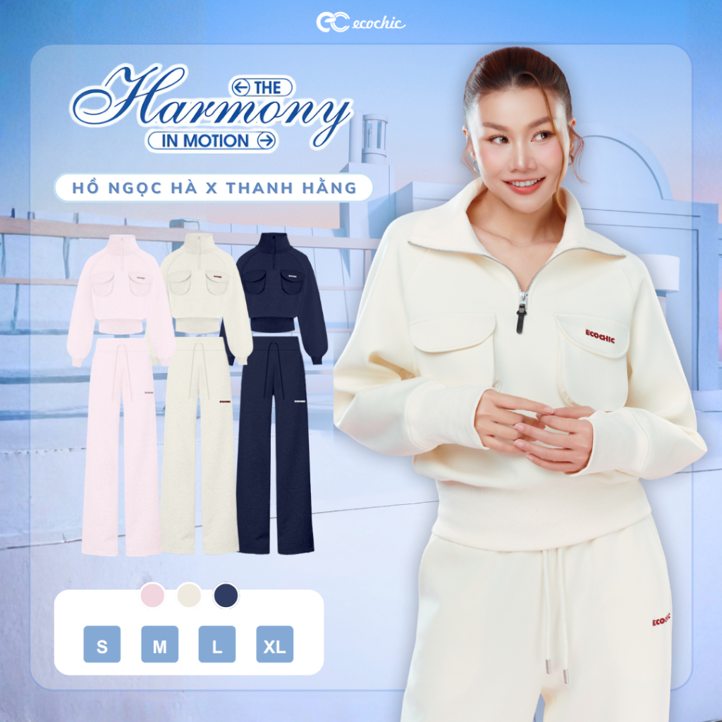 Set Bộ ECOCHIC Nỉ Mịn Áo Crop Cổ Khoá Halfzip Túi Hộp Quần Suông Dài Basic Cao Cấp Chính Hãng B201