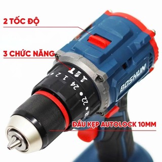 Máy Khoan Pin Boshun 3 Chức Năng có khóa trục Động Cơ Không Chổi Than Đầu Kẹp Autolock 10ly Chân Pin Phổ Thông