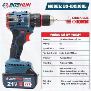 Máy Khoan Pin Boshun 3 Chức Năng có khóa trục Động Cơ Không Chổi Than Đầu Kẹp Autolock 10ly Chân Pin Phổ Thông