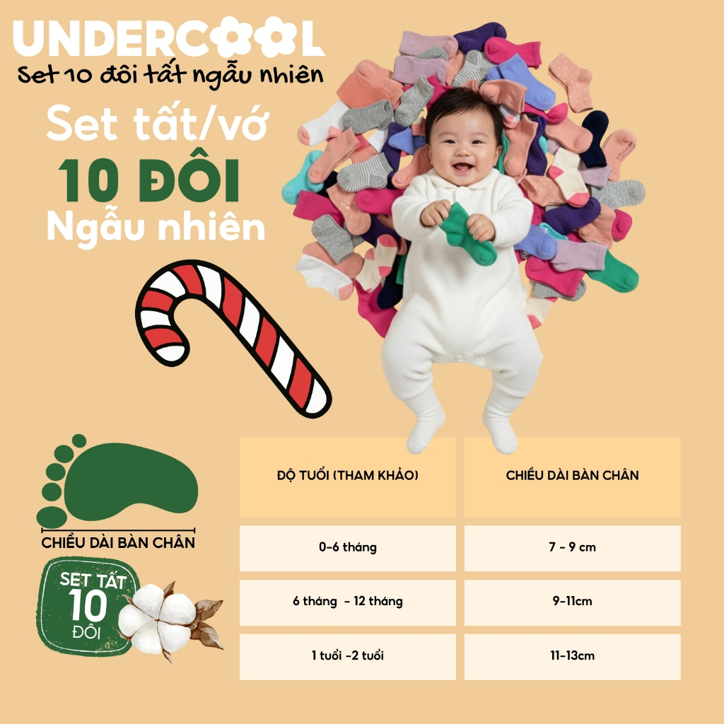 Set 10 Đôi Tất UNDERCOOL Ngẫu Nhiên Cho Bé Sơ Sinh (0-2 Tuổi) - Combo 10 đôi tất Cotton Mềm Mịn Thoáng Khí SS01