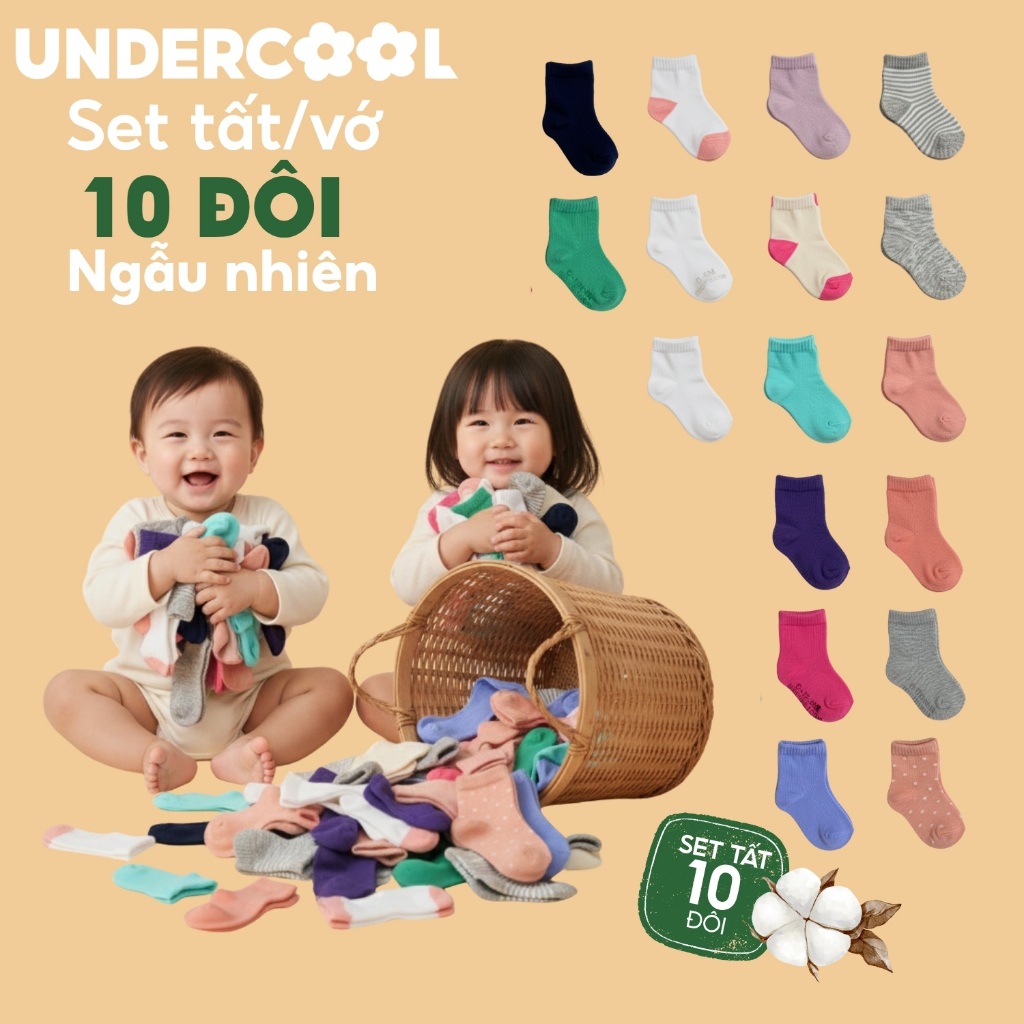 Set 10 Đôi Tất UNDERCOOL Ngẫu Nhiên Cho Bé Sơ Sinh (0-2 Tuổi) - Combo 10 đôi tất Cotton Mềm Mịn Thoáng Khí SS01