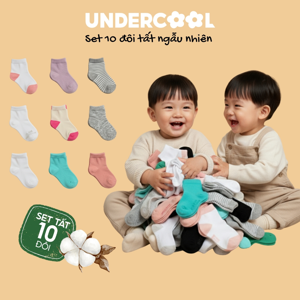 Set 10 Đôi Tất UNDERCOOL Ngẫu Nhiên Cho Bé Sơ Sinh (0-2 Tuổi) - Combo 10 đôi tất Cotton Mềm Mịn Thoáng Khí SS01
