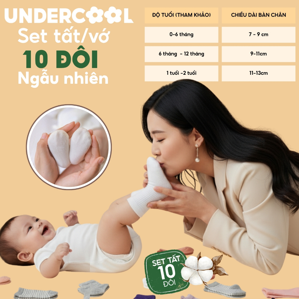 Set 10 Đôi Tất UNDERCOOL Ngẫu Nhiên Cho Bé Sơ Sinh (0-2 Tuổi) - Combo 10 đôi tất Cotton Mềm Mịn Thoáng Khí SS01