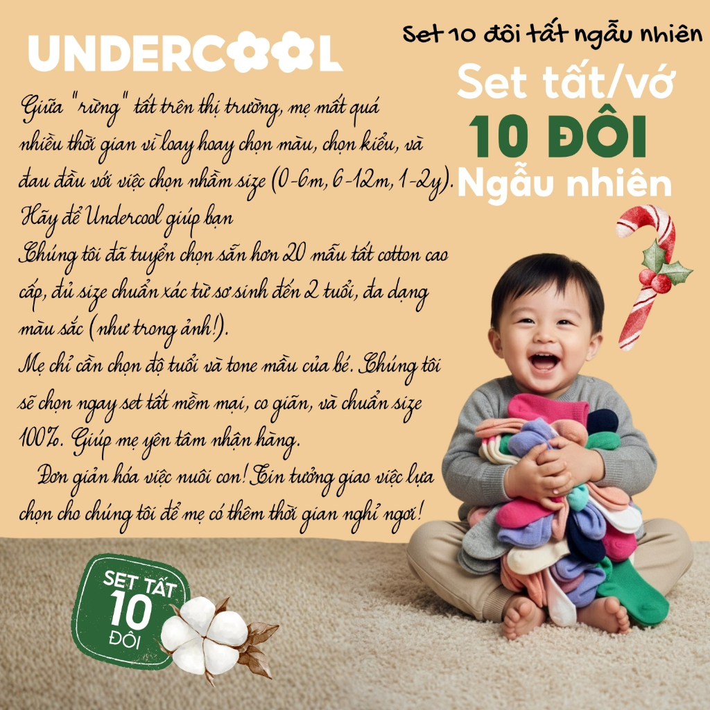 Set 10 Đôi Tất UNDERCOOL Ngẫu Nhiên Cho Bé Sơ Sinh (0-2 Tuổi) - Combo 10 đôi tất Cotton Mềm Mịn Thoáng Khí SS01