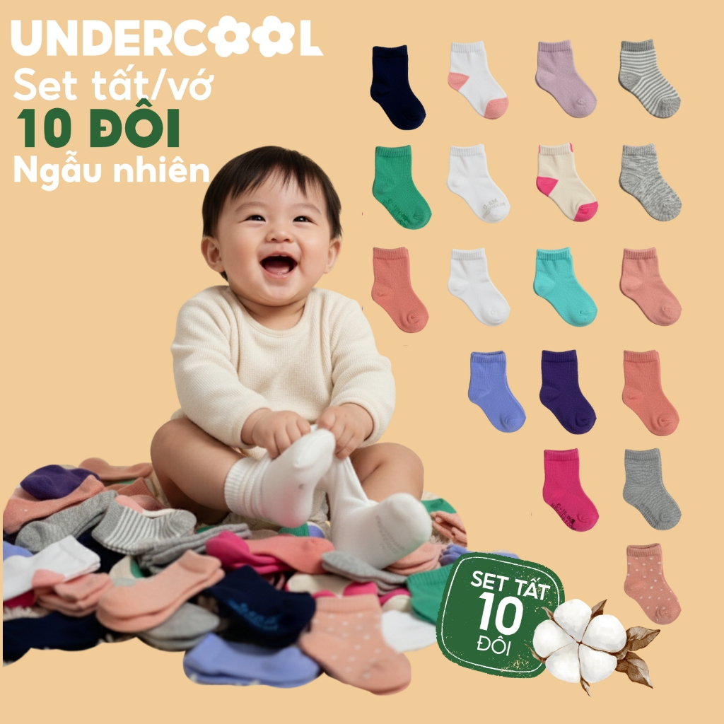 Set 10 Đôi Tất UNDERCOOL Ngẫu Nhiên Cho Bé Sơ Sinh (0-2 Tuổi) - Combo 10 đôi tất Cotton Mềm Mịn Thoáng Khí SS01