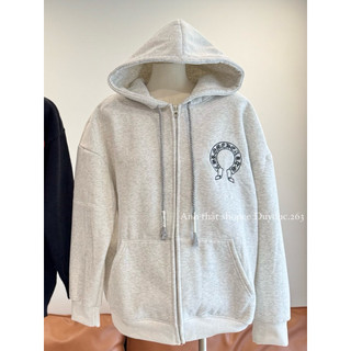 Áo Khoác Nỉ Khoá Ch.Ô Thêu Da Màu Xám Tiêu Chất Nỉ Bông Dày Dặn Form To Thời Trang Nam Nữ, Áo Khoác Nỉ Hoodie Form Rộng