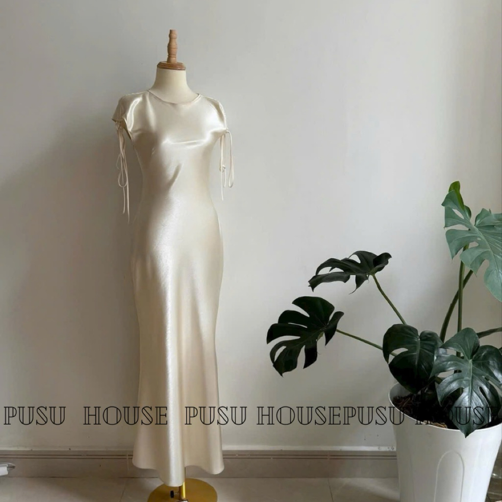 Đầm lụa đuôi cá dài dự tiệc tay con nhẹ nhàng sang chảnh 4 màu - Pusu house