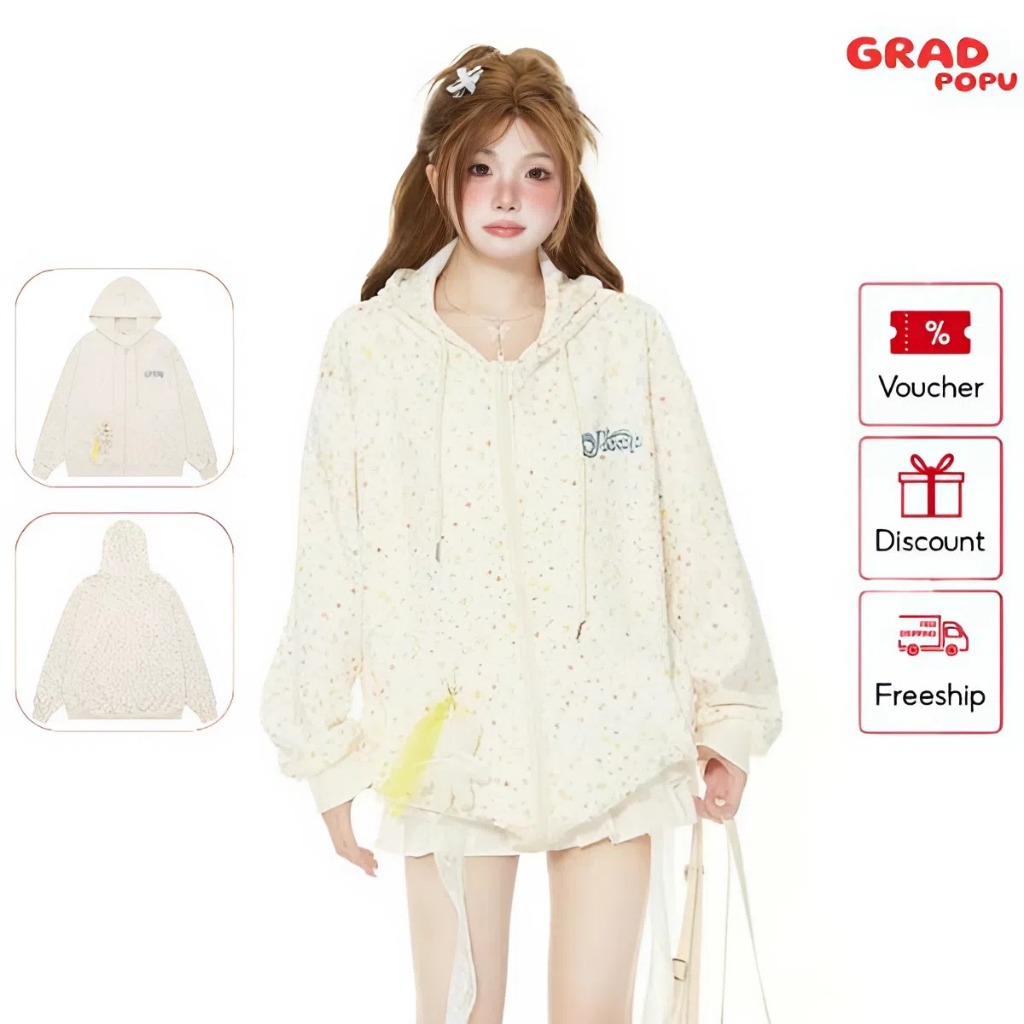 Áo khoác nỉ GRADPOPU in hình ngôi sao kèm móc khóa gấu bông,dáng rộng phong cách Hàn Quốc AK17