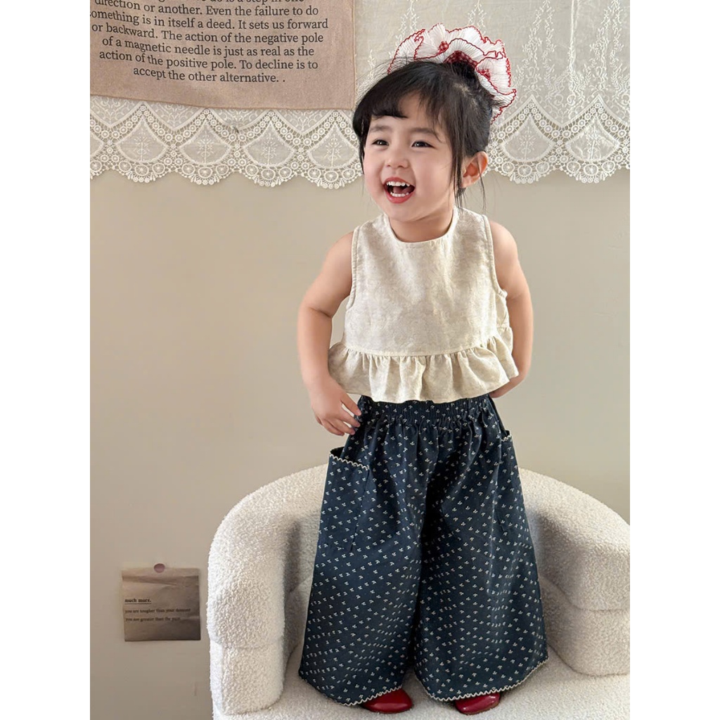 (Bon Kids) Áo bèo thắt nơ kết hợp quần ống xuông phong cách Hàn Quốc cho bé gái 6-25kg