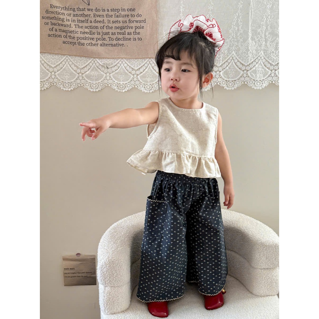 (Bon Kids) Áo bèo thắt nơ kết hợp quần ống xuông phong cách Hàn Quốc cho bé gái 6-25kg