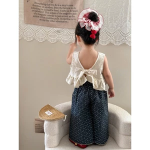 Áo bèo thắt nơ kết hợp quần ống xuông phong cách Hàn Quốc cho bé gái 6-25kg