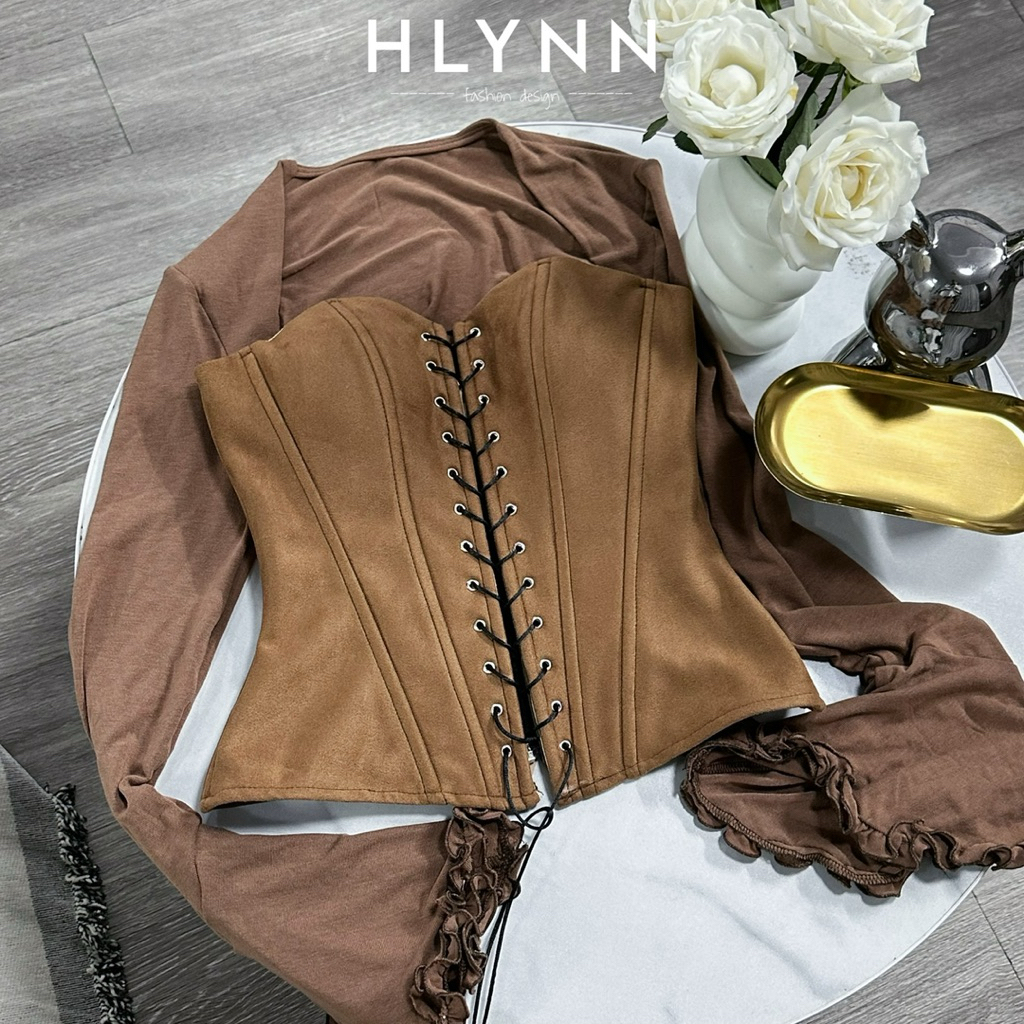 Áo corset da lộn và áo khoác ngoài tay loe màu nâu tây bán rời m340 m341