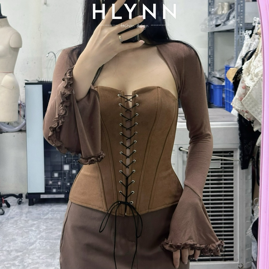 Áo corset da lộn và áo khoác ngoài tay loe màu nâu tây bán rời m340 m341
