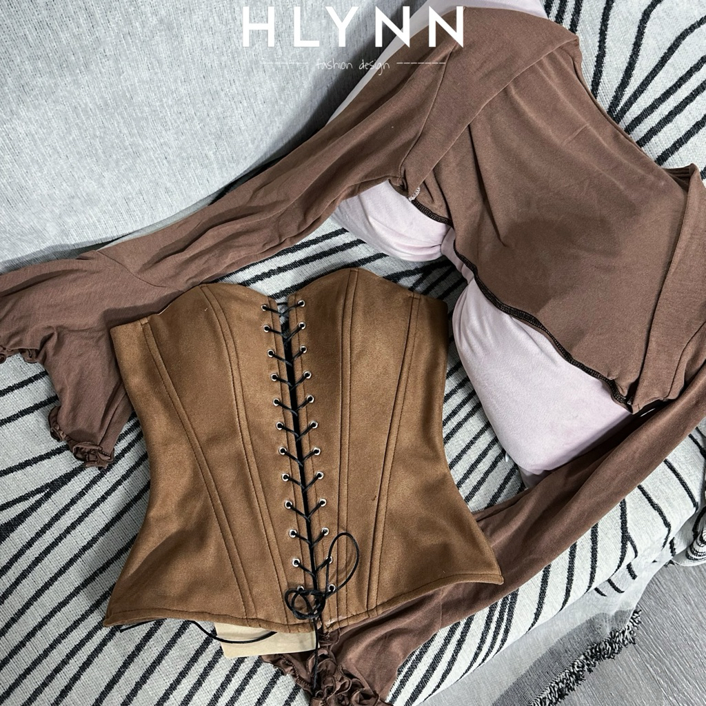 Áo corset da lộn và áo khoác ngoài tay loe màu nâu tây bán rời m340 m341