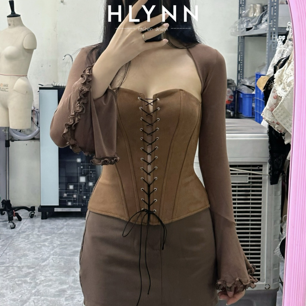 Áo corset da lộn và áo khoác ngoài tay loe màu nâu tây bán rời m340 m341