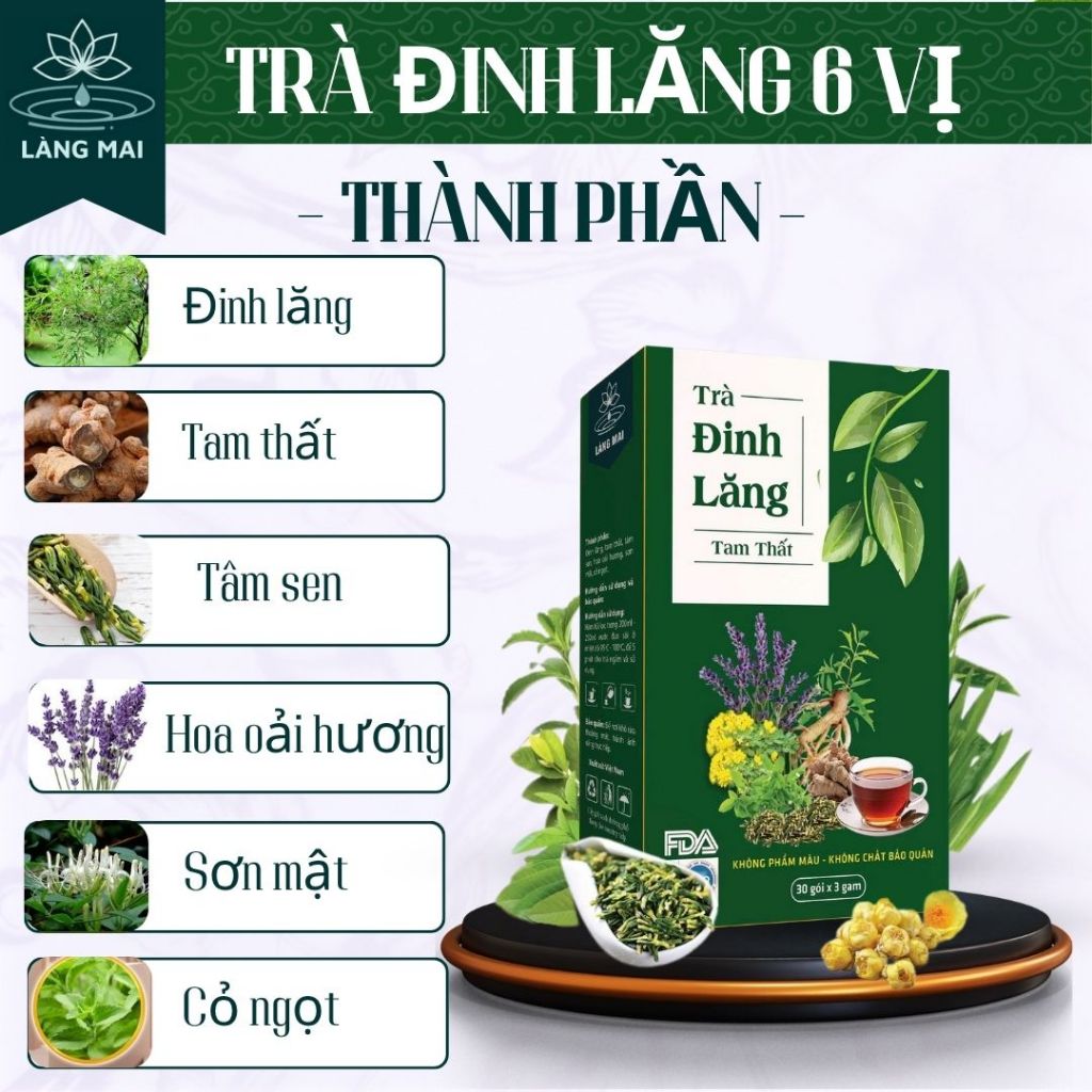 Trà Ngủ Ngon Đinh Lăng Tam Thất - Làng Mai - Mất Ngủ, Giúp Ngủ Ngon, Dễ Ngủ, Đẹp Da. Hộp 30 gói