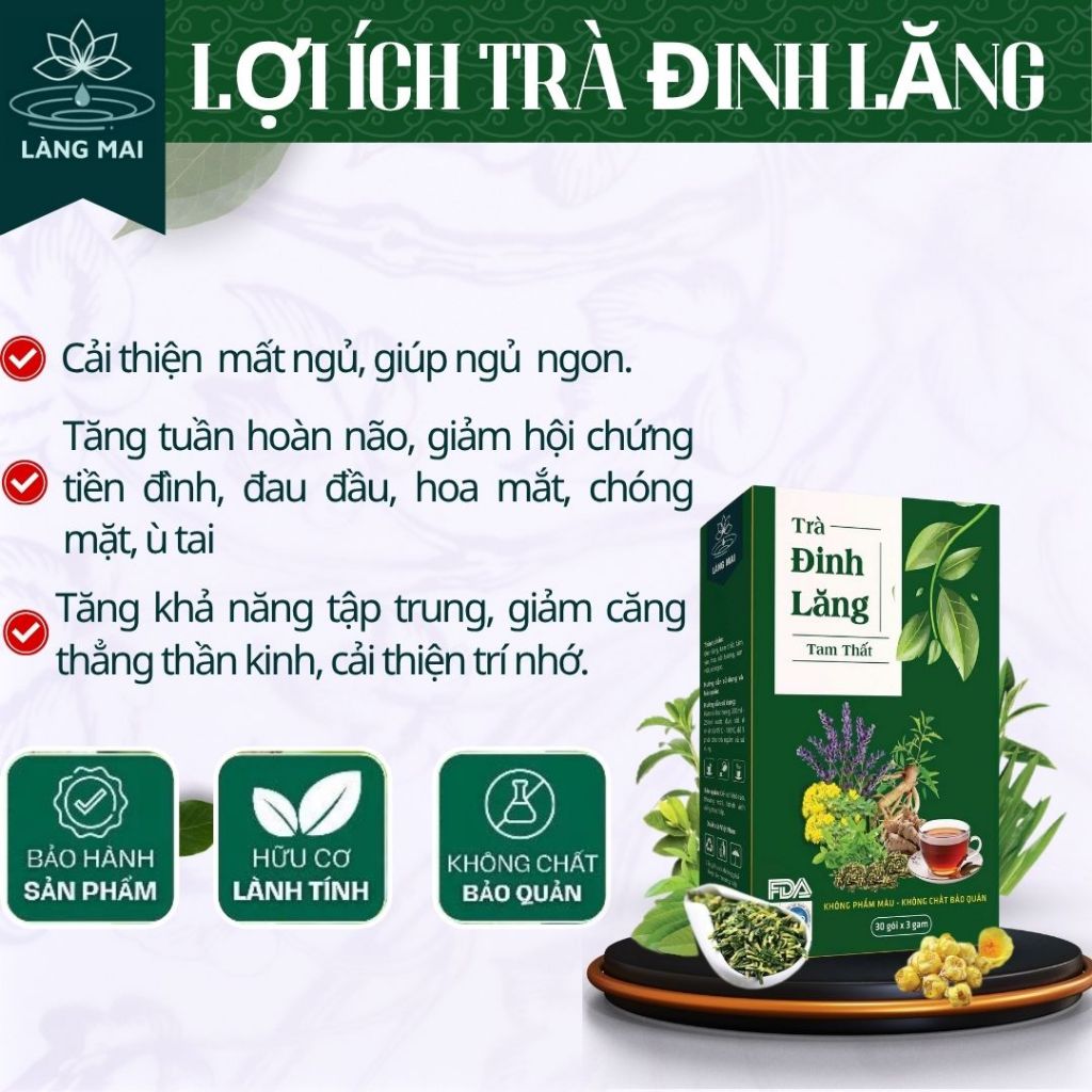 Trà Ngủ Ngon Đinh Lăng Tam Thất - Làng Mai - Mất Ngủ, Giúp Ngủ Ngon, Dễ Ngủ, Đẹp Da. Hộp 30 gói