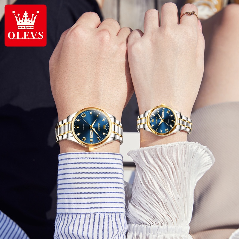 OLEVS Đồng hồ Các Cặp đôi Chính hãng dây đeo bằng thép không gỉ lịch Quà có chức năng phát sáng 5563