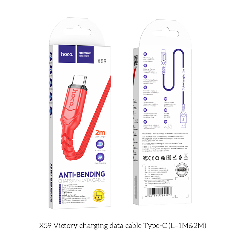 Cáp Sạc Nhanh USB to Type-C Dài 2m – Bọc Dù Đen Đỏ, Sạc Ổn Định, Bền Bỉ, 3A / 3.0A – Hoco X59 X89