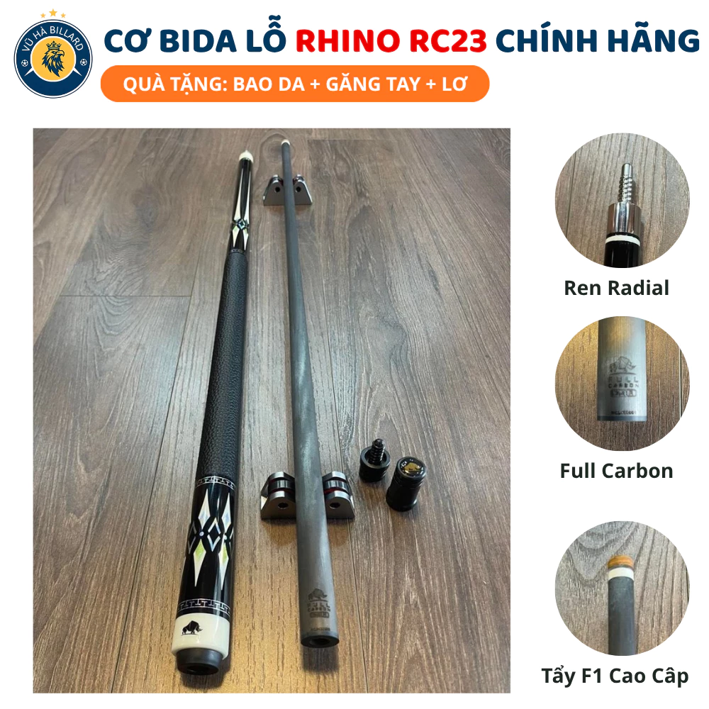 Cơ Bida Lỗ Rhino RC23 - Ren Radial, Đầu Cơ 12.4mm, Tẩy F1 Cao Cấp Chính Hãng