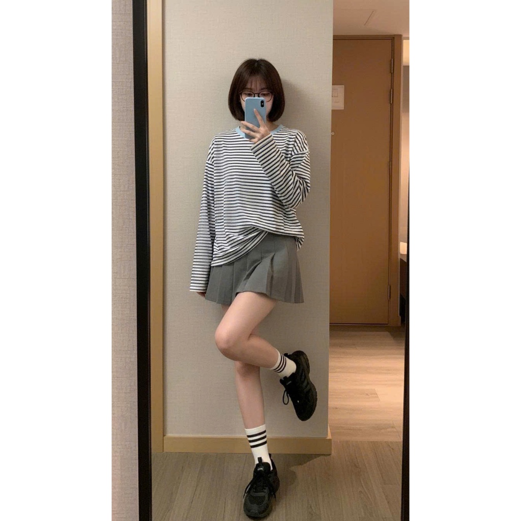 Áo dài tay Sọc ngang xanh đậm hottend Thu Đông 2025 JULY FASHION, Áo thun nữ tay dài, chất cotton dày dặn