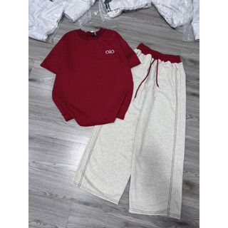 Set bộ áo thun dài tay alo đỏ mix quần xuông phối cạp đỏ
