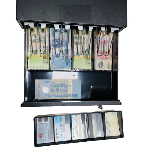 Ngăn kéo đựng tiền cỡ lớn Roco 408, cỡ nhỏ RT335. Két thu ngân kết nối máy in hoá đơn tự động mở két