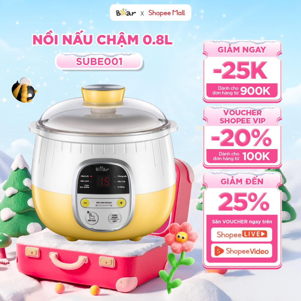 Nồi Nấu Cháo Chậm 0.8L BEAR Nồi Nấu Chậm Nồi Chưng Yến Cách Thuỷ Nồi Nấu Cháo Cho Bé Nấu Chậm Đậm Dưỡng Chất SUBE001