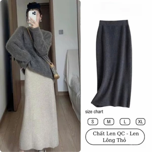 Chân Váy Midi Chữ A Vải Len Lông Thỏ Dáng Dài 85cm Xẻ Sau Cạp Chun Basic Dễ Mặc Phong Cách Đi Làm Đi Chơi