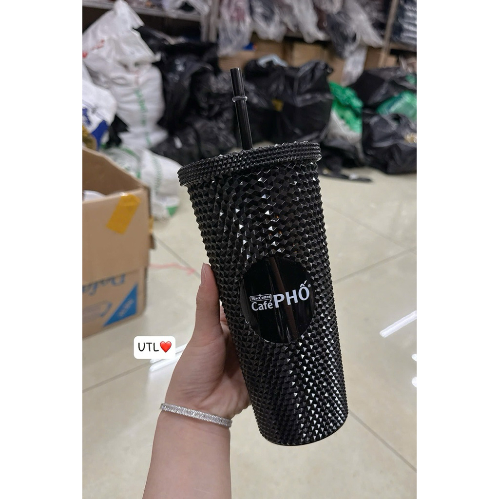 ☕️☕️Ly Kim cương cà phê phố màu đen Dung tích 700ml ly nhựa 2 lớp tặng kèm ống hút