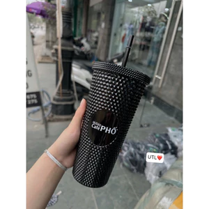 ☕️☕️Ly Kim cương cà phê phố màu đen Dung tích 700ml ly nhựa 2 lớp tặng kèm ống hút